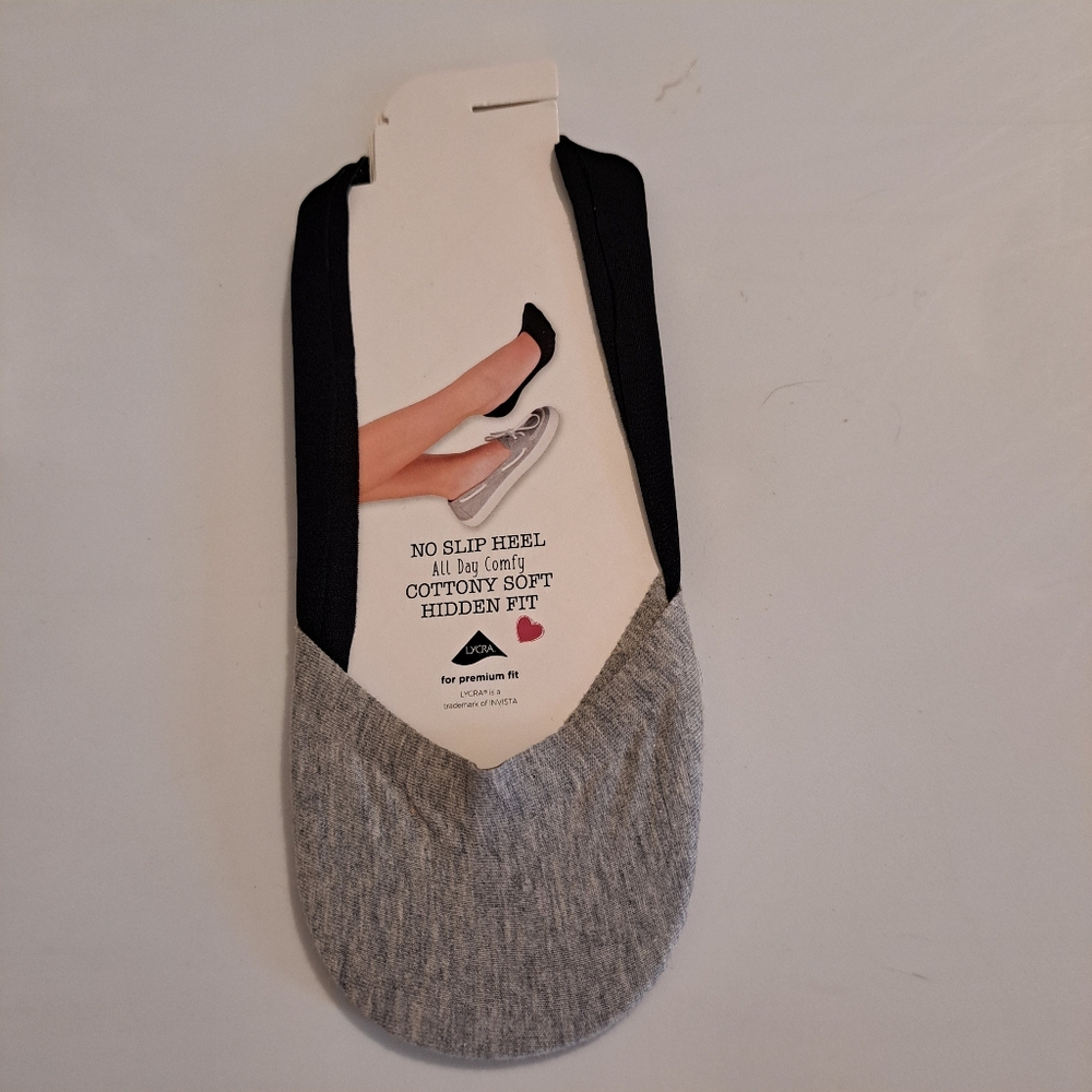 Peds No-Show Liner Socks Gray Heather with Black Trim, No-Slip Heel Lycra